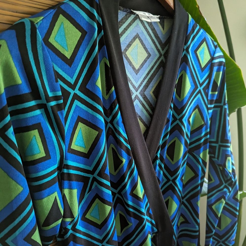 London Times, mod geometric print, faux wrap midi dress, size 6
